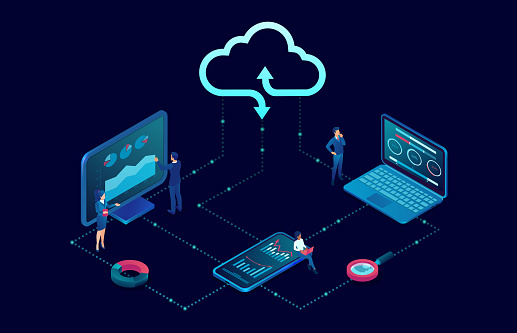 Vector business people using desktop computer and mobile devices connected to cloud server service