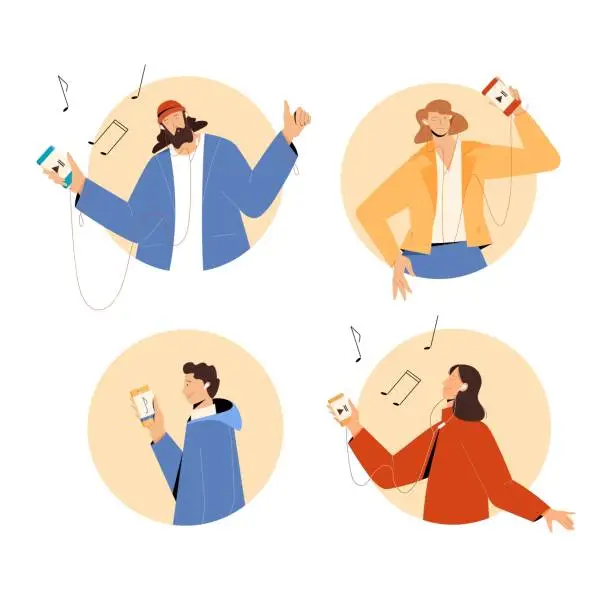 Vector illustration of People listening music in earplugs using smartphone. Vector illustration