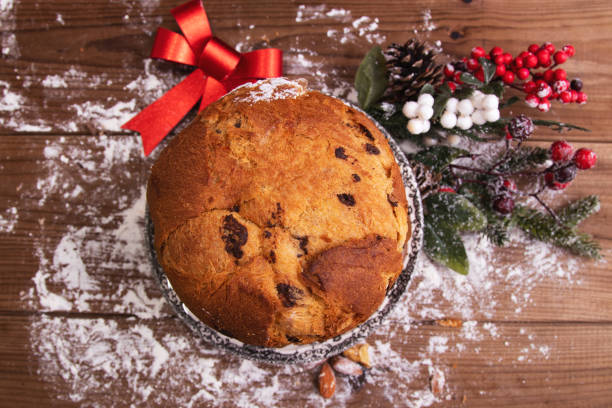 istock top view of Christmas panettone in rustic kitchen wood 1301468462