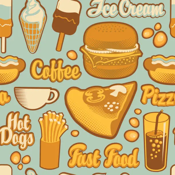 Vector illustration of seamless pattern on the theme of fast food menu