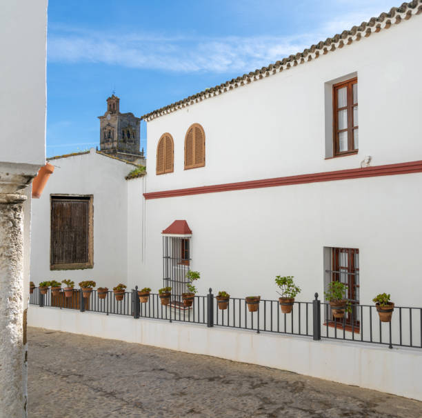 Arcos de la Frontera, Spain - 27 January, 2021: Spanish architecture style buildings with whitewashed walls and flower pots
