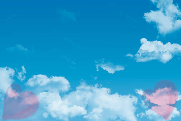 istock Blue sky with white clouds, hearts and clouds . Digital art painting design elements for Valentineâs Day. 1301478986