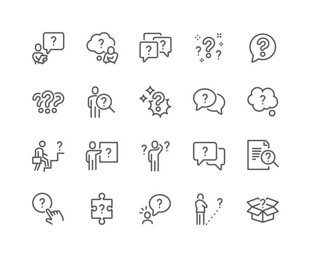 ilustraciones, imágenes clip art, dibujos animados e iconos de stock de iconos de preguntas de línea - thinking