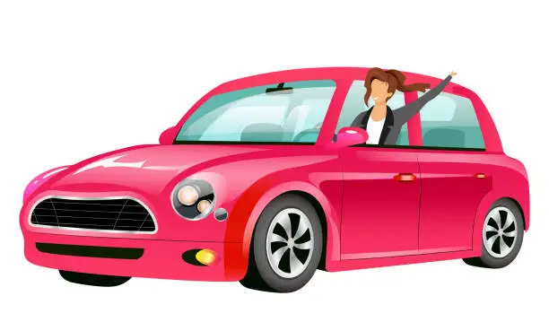 Vector illustration of Girl driving pink mini cooper flat color vector faceless character. Smiling young lady in car isolated cartoon illustration 
for web graphic design and animation. Happy woman on road trip