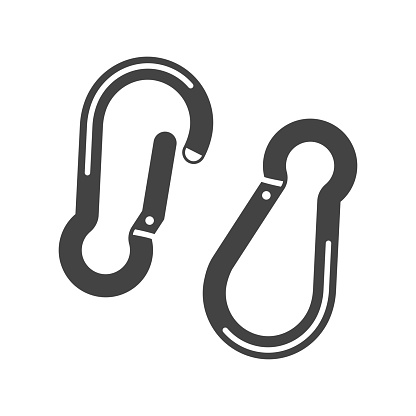 Carabiner or karabiner bold black silhouette icon isolated on white. Pair of shackle metal loop pear shaped pictogram. Clasp using in rope-intensive activities, sport vector element for web.