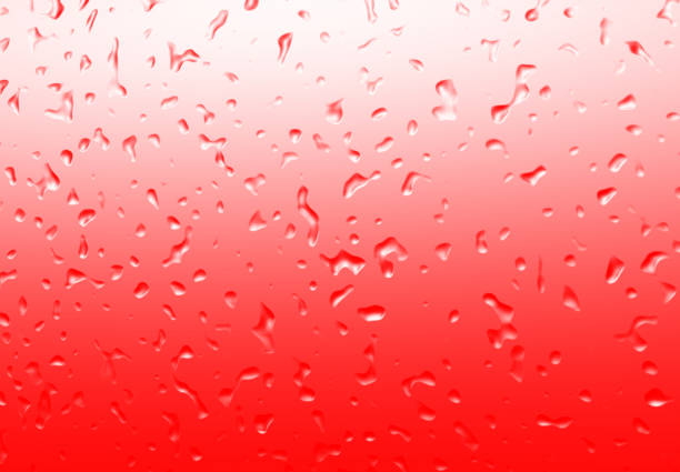 Water drops on glass with red backlight. Colorful texture of water drops on a white red gradient background. Stylish mood design. Abstract backdrop. 3D render illustration