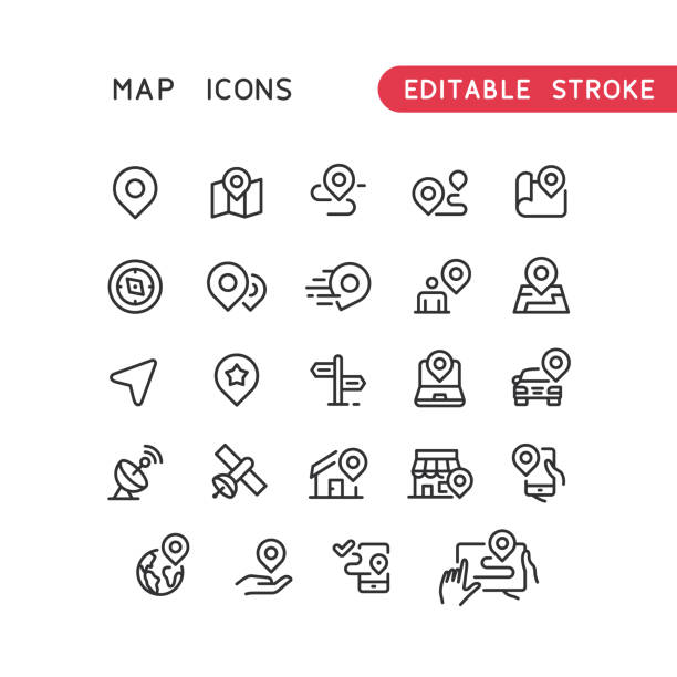 Navigation Line Icons Editable Stroke Set of navigation line vector icons. Editable stroke. human settlement stock illustrations