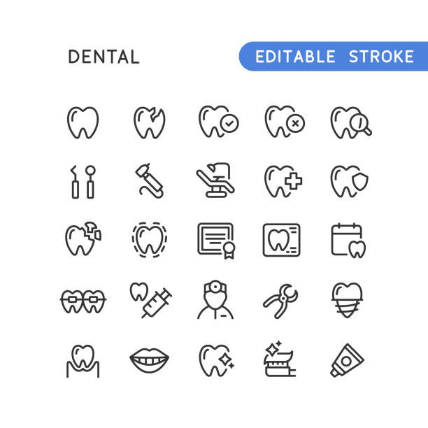 ilustrações, clipart, desenhos animados e ícones de ícones da linha dentária traçado editável - dentists chair dentist office chair orthodontist