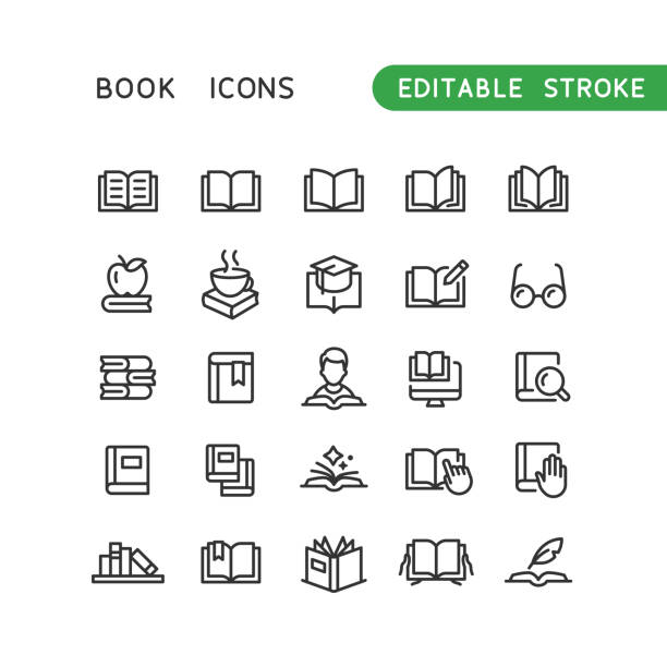 ilustrações, clipart, desenhos animados e ícones de ícones da linha do livro traçado editável - book