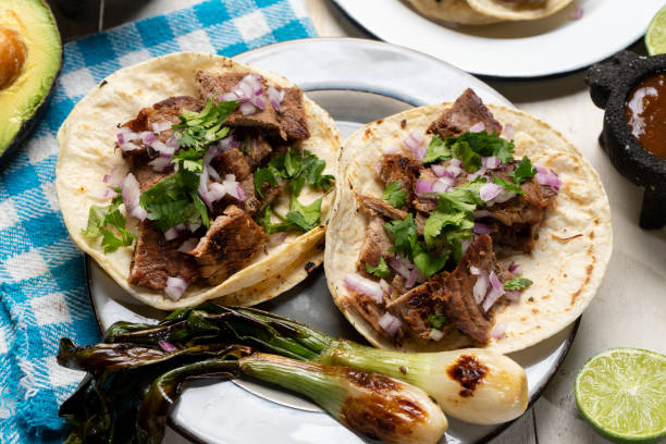 istock Grilled beef steak tacos on white background. Mexican food 1301486008