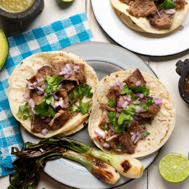 Grilled beef steak tacos on white background. Mexican food