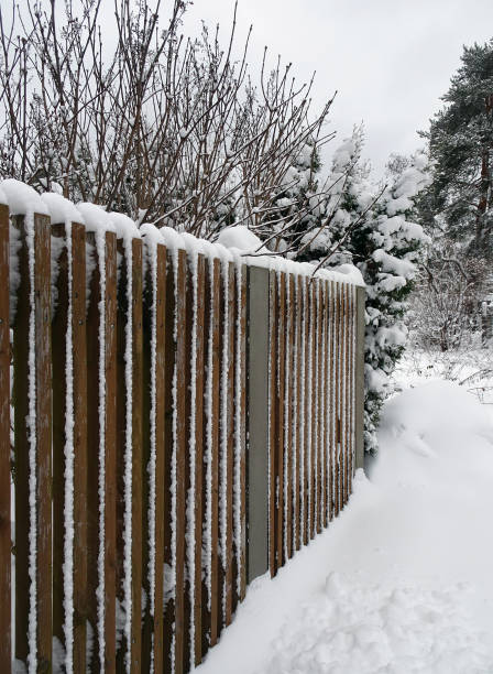 istock Snow covered fence and winter trees 1301492770