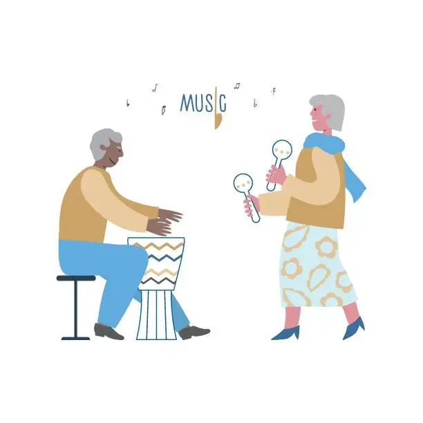 Vector illustration of Stylish elderlies maracas, drum play. Seniors like and enjoy music in social club. Can use for web, banner. Lettering Music. Concept vector illustration.