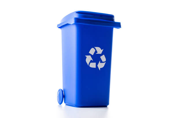 istock Trash bin. Blue dustbin for recycle paper trash isolated on white background. Container for disposal garbage waste and save environment. 1301496614