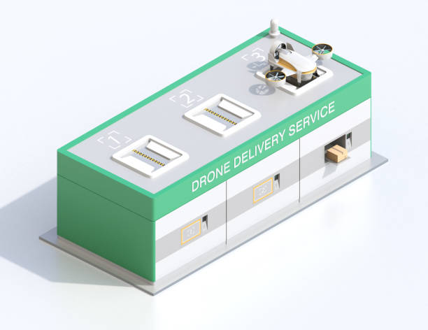 istock Isometric view of delivery drones takeoff and landing on the launch pad 1301500428
