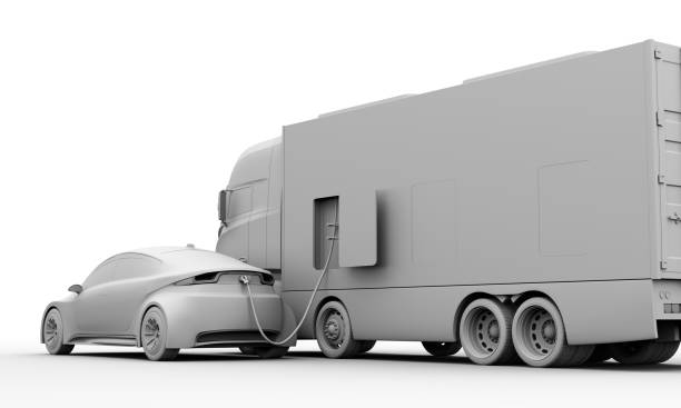 clay rendering of electric cars charging from a power supply truck. - recharger imagens e fotografias de stock