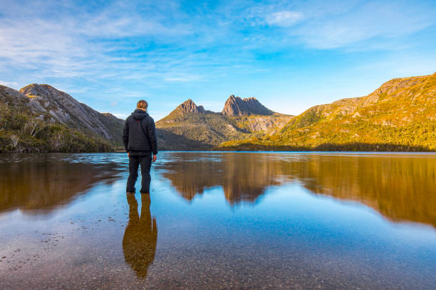 istock Man standing in still lake observing golden mountain range 1301502264