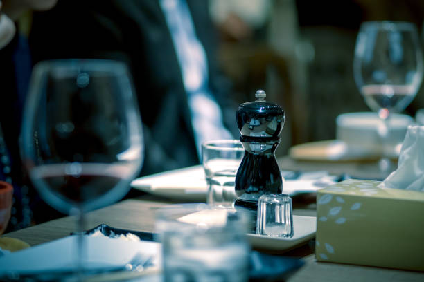 istock Dining table in a fine dining restaurant with a blue tone atmosphere 1301502346