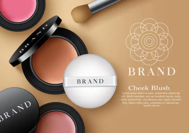 Vector illustration of Cosmetic cheek blush products vector template design. Cheeks make up cosmetics product with elements like mock up blush compact powder and sponge for beauty brand advertisement.