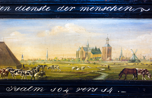 Workum, Friesland, Netherlands: An old (1700s) painting of St. Gertrude Church in the church. Workum is one the 11 historic cities of Friesland.