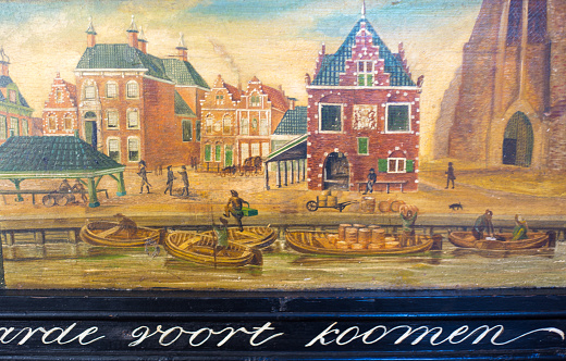 Workum, Friesland, Netherlands: An old (1700s) painting of the village of Workum in St. Gertrude Church, Workum, one the 11 historic cities of Friesland.