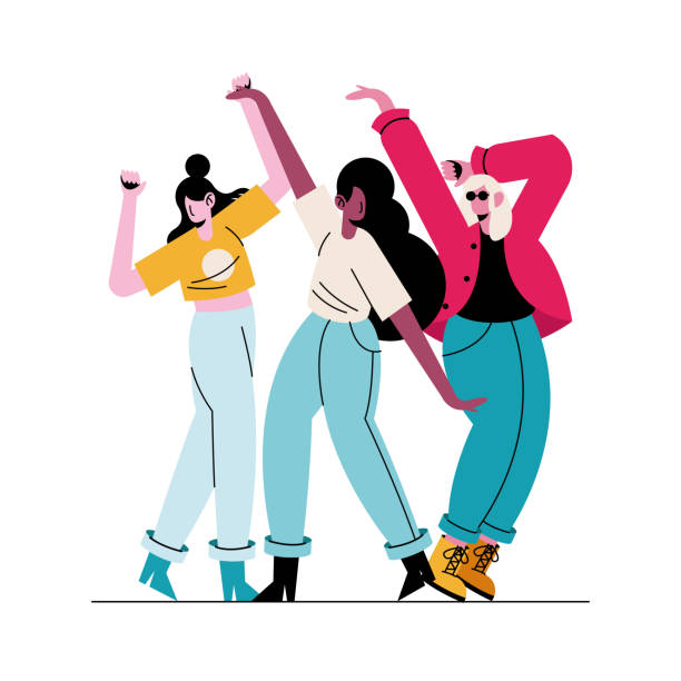 glückliche junge mädchen tanzen avatare charaktere - freundinnen stock-grafiken, -clipart, -cartoons und -symbole