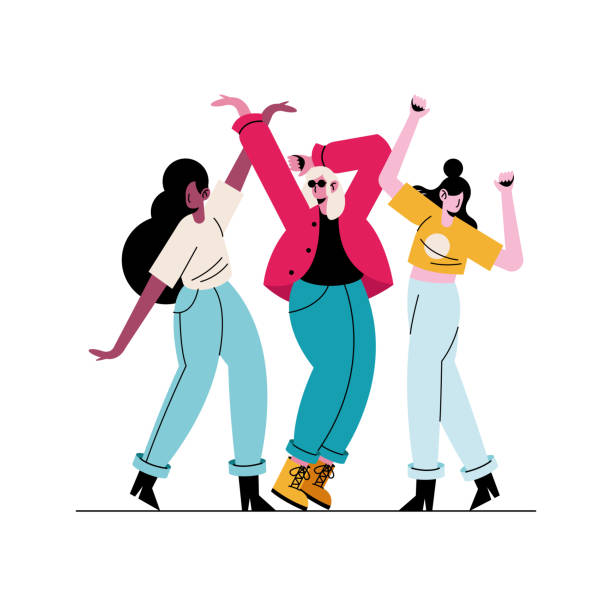 glückliche junge mädchen tanzen charaktere - freundinnen stock-grafiken, -clipart, -cartoons und -symbole