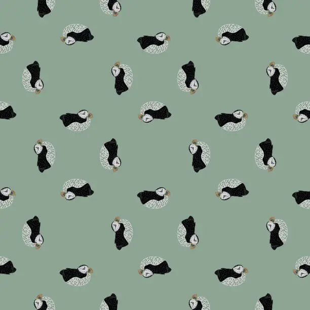 Vector illustration of Geometric seamless pattern with black puffin cartoon silhouettes. Pastel green background. Simple design.
