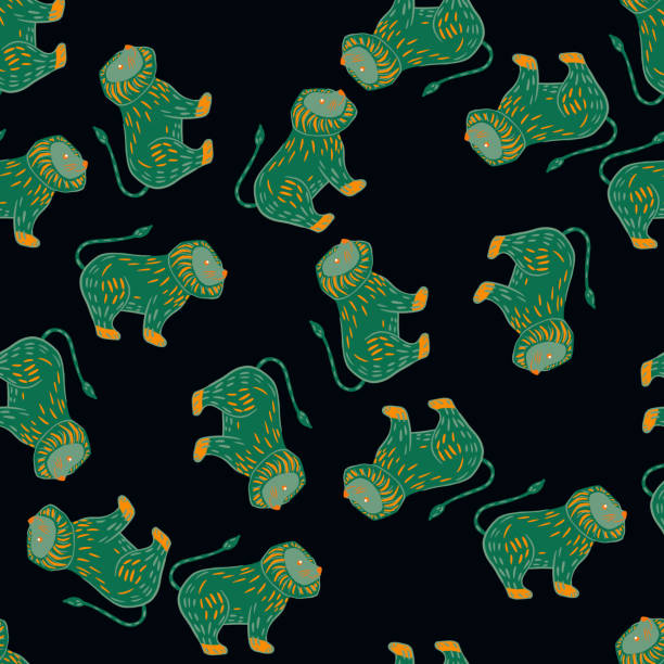 istock Green random lion print seamless pattern in childish style. Black background. Animal doodle backdrop. 1301513392