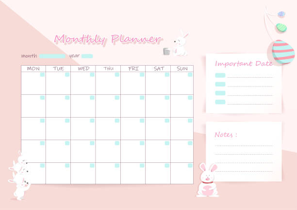 istock Monthly planner, adorable rabbit cartoon character, Easter holiday decoration your work planner vector illustration 1301515479