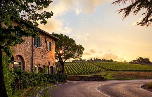 Montalcino, Italy - 16 November, 2023: aerial view of the Poggio alle Mura Castle and Villa Banfi wine resort in Tuscany