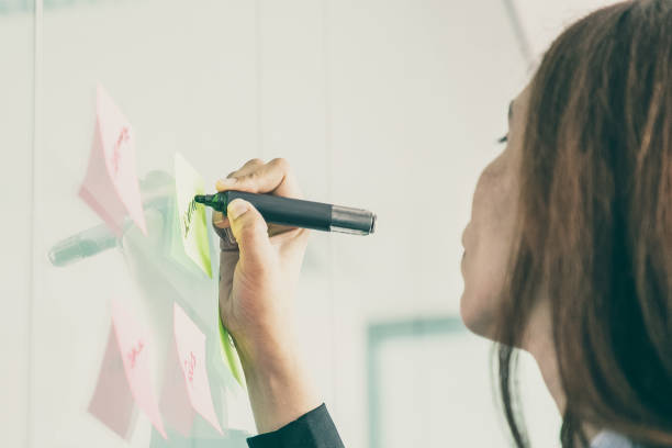 istock Unrecognizable red-haired businesswoman writing on sticker 1301523789
