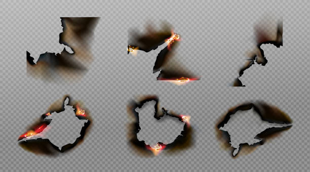 Burn paper corners, holes and borders vector set Burn paper corners, holes and borders, burnt page with smoldering fire on charred uneven edges, parchment sheets in flame. Burned frames isolated on transparent background. Realistic 3d vector set burnt paper stock illustrations