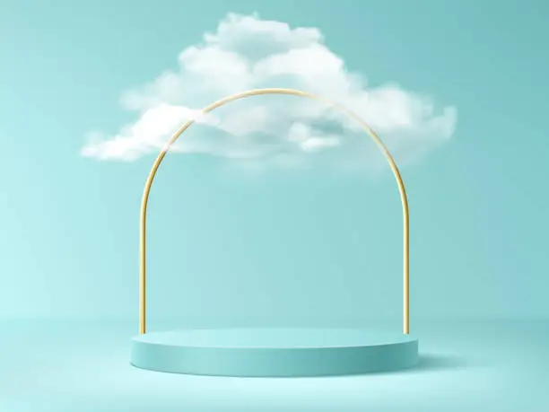 Vector illustration of Podium with clouds and gold arch, background.