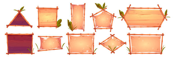 bambusrahmen mit altem pergament-holzhintergrund - bamboo green frame sparse stock-grafiken, -clipart, -cartoons und -symbole