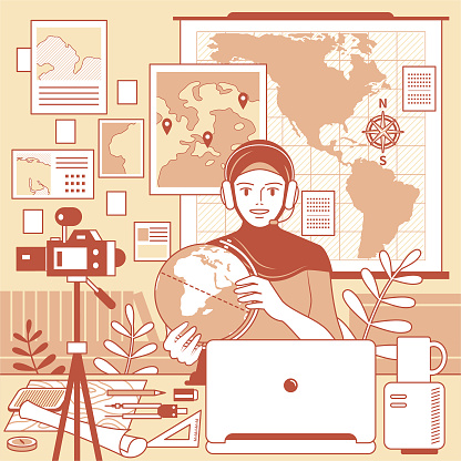 Vector line art illustration.
Young Muslim woman teacher with hijab and headphones is remotely teaching geography (online class) using laptop and camera and whiteboard and globe at home (classroom or office), e-learning (online tutoring) and telecommuting concept.
