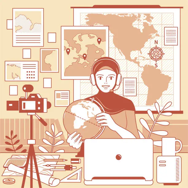 Vector illustration of Young Muslim woman teacher with hijab and headphones is remotely teaching geography (online class) using laptop and camera and whiteboard and globe at home (classroom or office), e-learning (online tutoring) and telecommuting concept