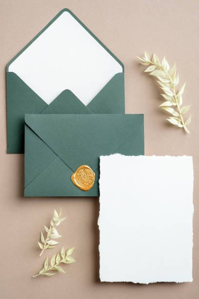 istock Wedding details invitation template. Minimalist wedding card and green envelopes on pastel beige background with dried flowers. Flat lay, top view. 1301530708