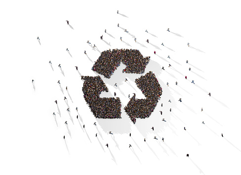 Large Crowd of People Forming Recycle Symbol on White Background