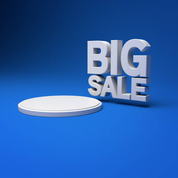 istock 3d white big sale word on blue background with product and text space. 3D rendering. 1301531705