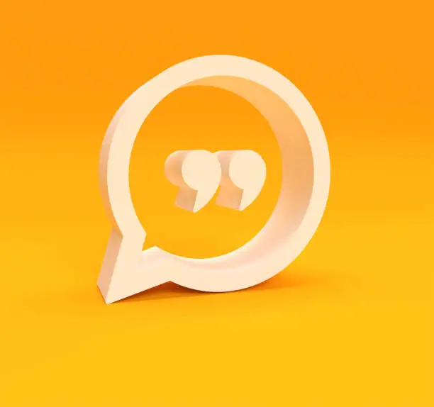 White 3d Quote Icon and thought bobble on the orange Background. 3D Illustration, Quotes Icon with text space.