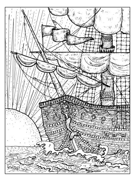 istock Black and white marine illustration with old sailing ship or sailboat and rising sun. 1301533975
