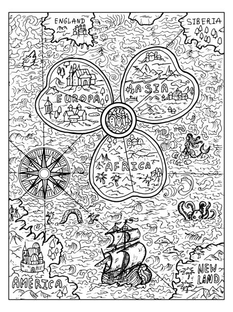 바람 장미와 범선 이나 배와 세계의 오래 된지도의 흑백 해양 그림. - nautical chart drawing compass map old stock illustrations