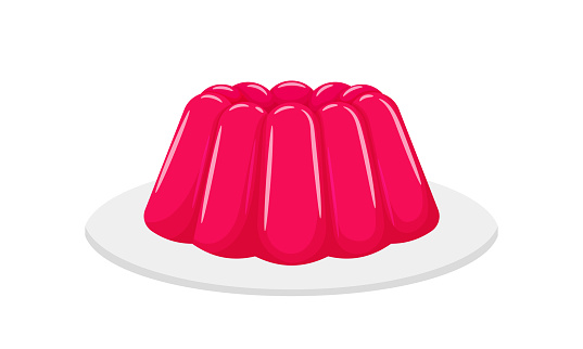 Pink jelly on a platter. Light sweet dessert. Low-calorie yummy, delicious. Illustration in cartoon flat style. Isolated on a white background