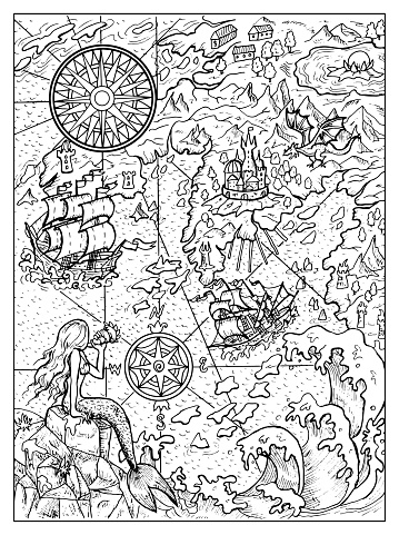 Black and white marine illustration of map with mermaid, islans, continent, ship, compass and sea monsters. Vector nautical drawings, adventure concept, coloring book page, t-shirt graphic