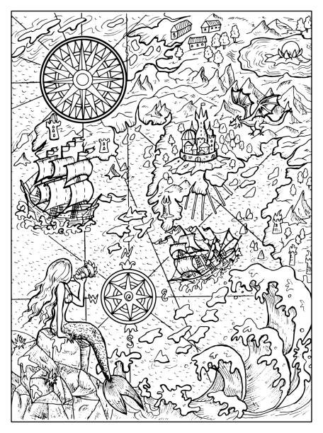 Black and white marine illustration of map with mermaid, islans, continent, ship, compass and sea monsters. Black and white marine illustration of map with mermaid, islans, continent, ship, compass and sea monsters. Vector nautical drawings, adventure concept, coloring book page, t-shirt graphic discover card stock illustrations