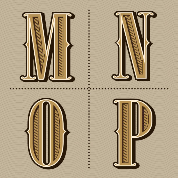 zachodnie litery alfabetu vintage wektor projektu (m, n, o, p) - letter p text calligraphy old fashioned stock illustrations