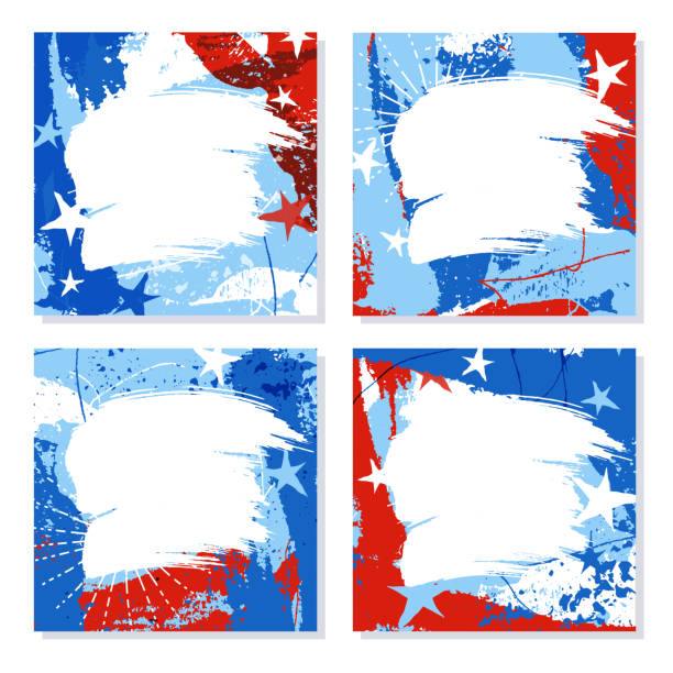 텍스트 또는 사진을 위한 공간이 있는 빨간색, 흰색 및 파란색 애국 디자인 템플릿 집합입니다. 소셜 미디어, 카드, 포스터를 위한 스퀘어 포맷 - fourth of july patriotism star shape red stock illustrations
