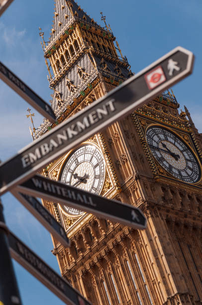 big ben and street sign - big ben london england hdr houses of parliament london imagens e fotografias de stock