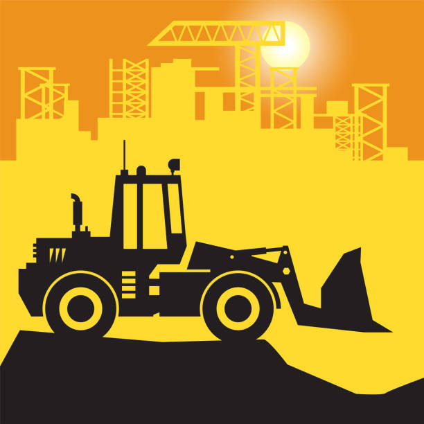 ilustraciones, imágenes clip art, dibujos animados e iconos de stock de cargador, trabajo de maquinaria eléctrica de construcción en obra - earth mover bulldozer construction equipment digging